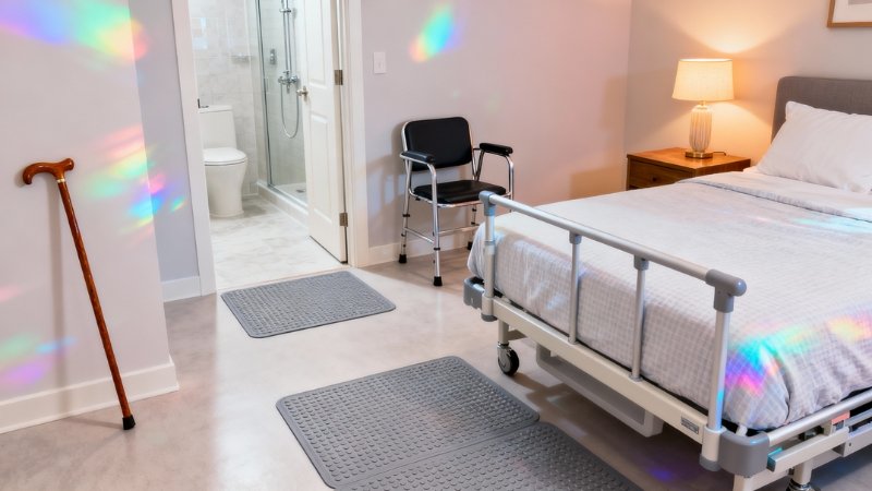 A caregiver helping a senior with a safety checklist.