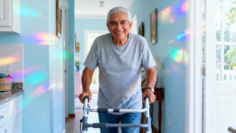 A senior smiling and enjoying life with the right equipment.